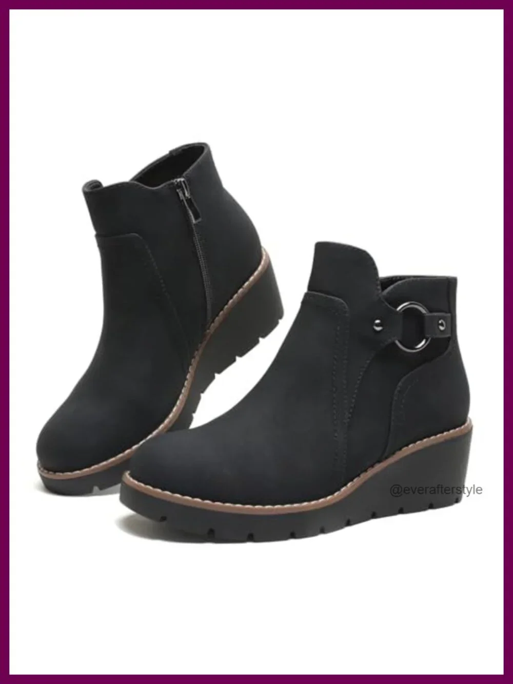 Chunky Low Heel Wedge Ankle Boots with Side Zipper Round Toe Fall Booties